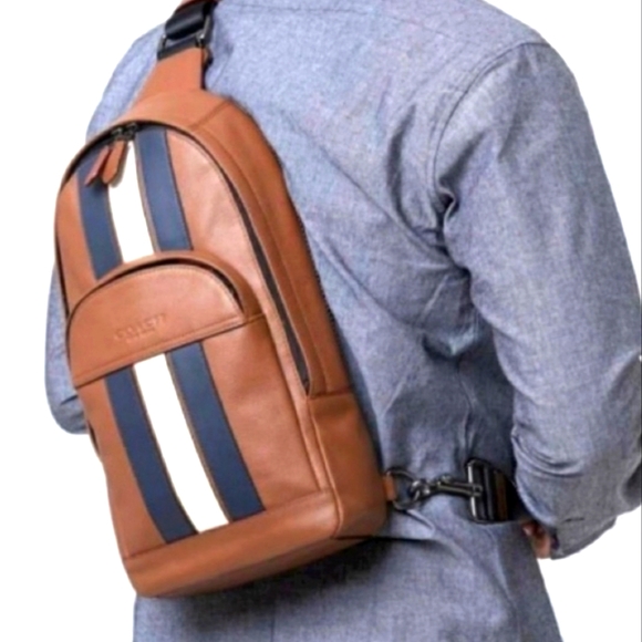 Coach Houston Navy Black Sling Backpack Leather Unisex Varsity Stripe Unisex NWT - Picture 4 of 17